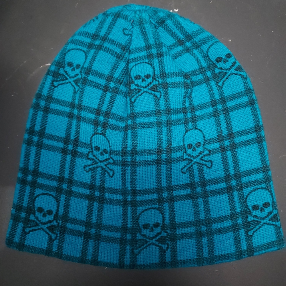 Teal Skull Checkered Kids Beanie